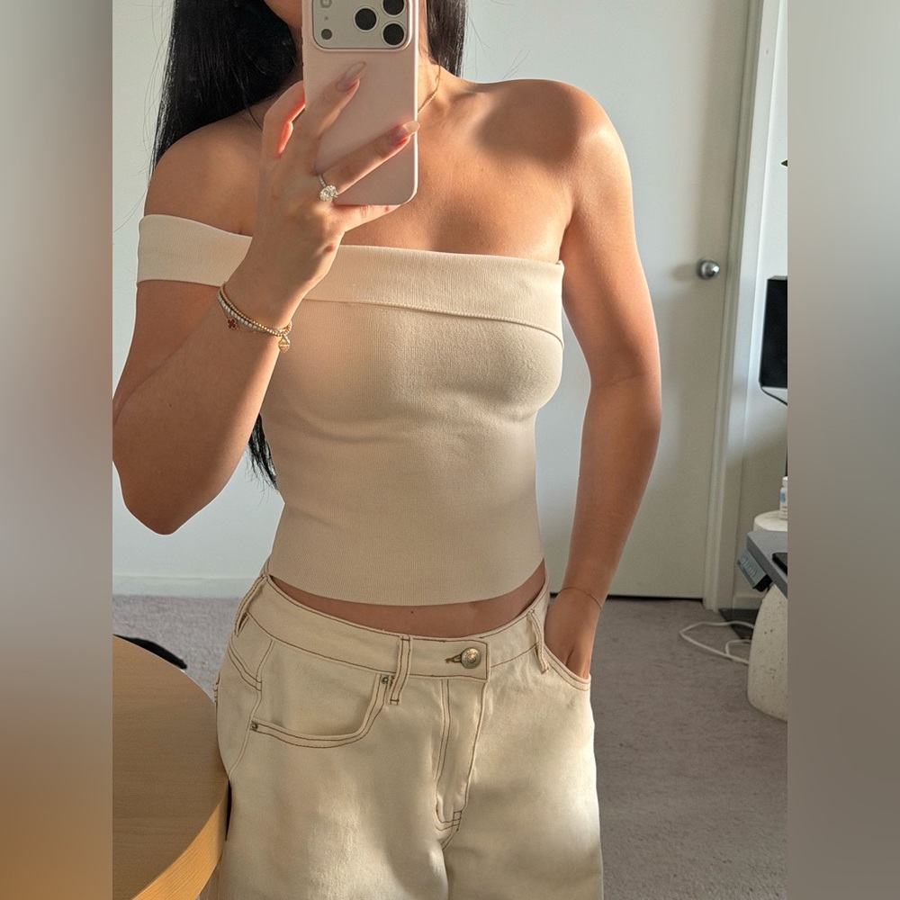 Express Off-Shoulder Beige Crop Top